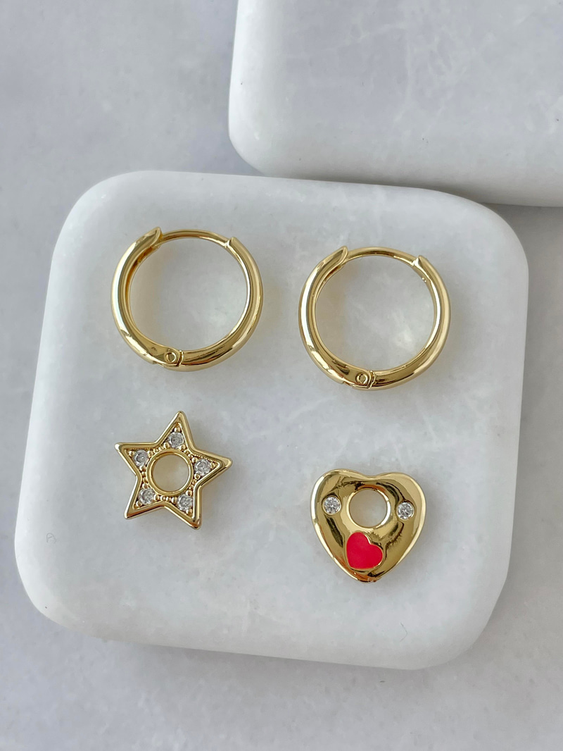 Özel Seri Yıldız ve Kalp Charmlı Halka Küpe Gold
