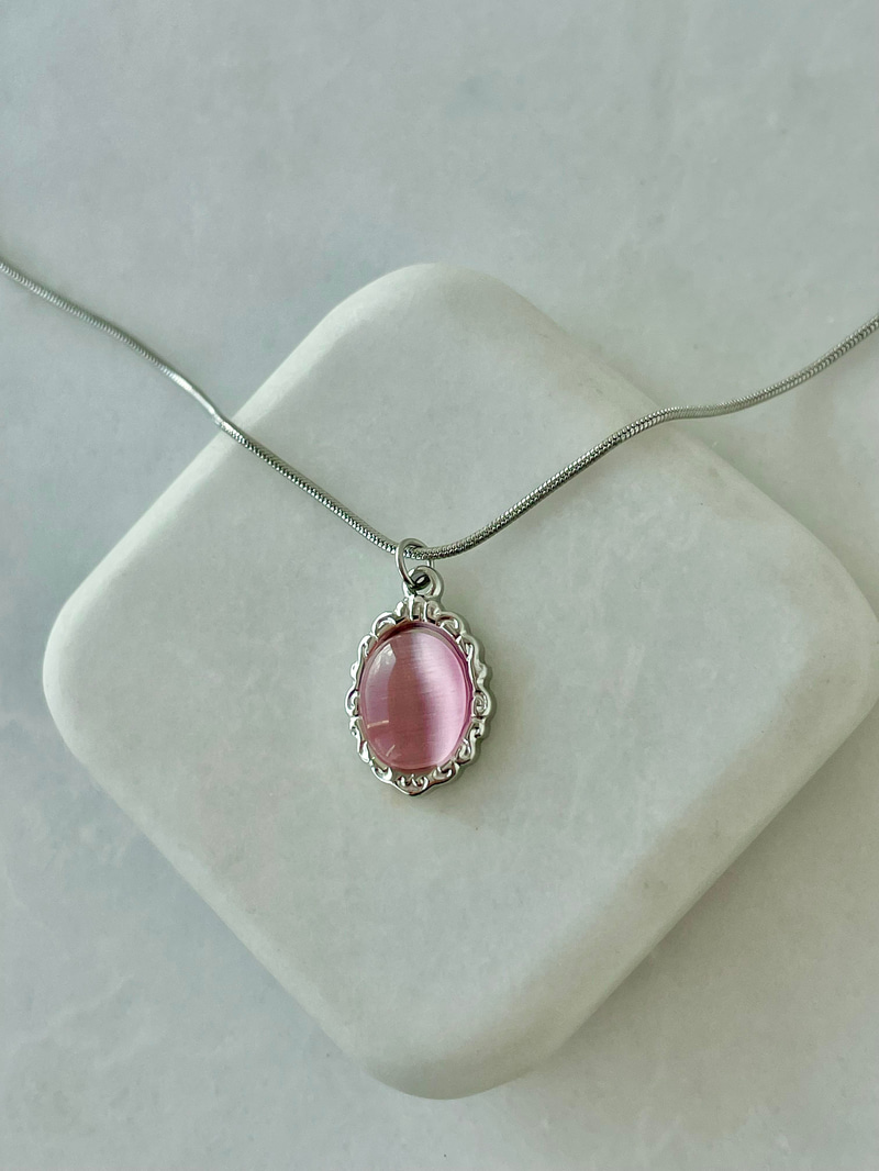 Çelik Opal Taşlı Etnik Desen Kolye Pembe-Gümüş