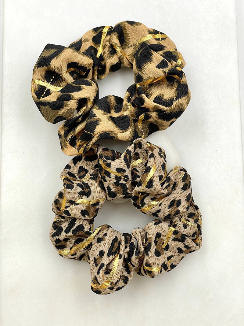 Leopar Desenli Varaklı İkili Scrunchie Toka Renkli