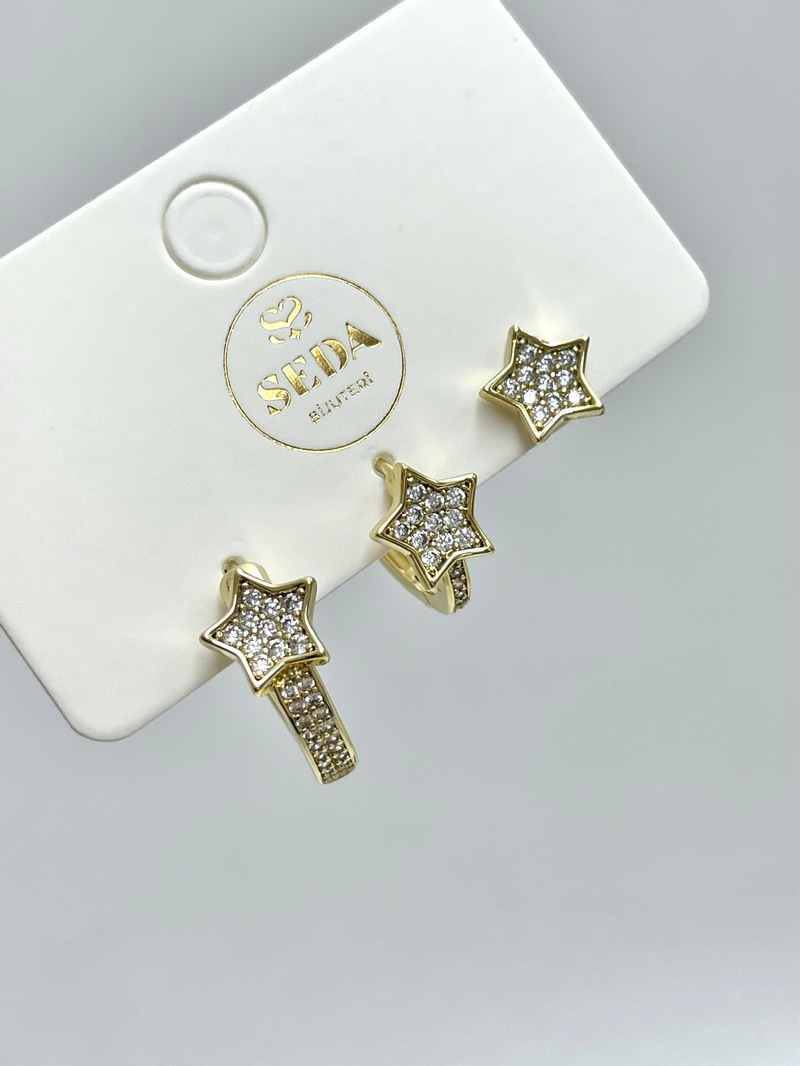 Özel Seri Gömme Taşlı Yıldız Model Üçlü Set Küpe Gold