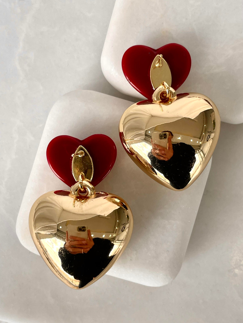 Gold Bombe Kalp Sallantılı Bordo Küpe