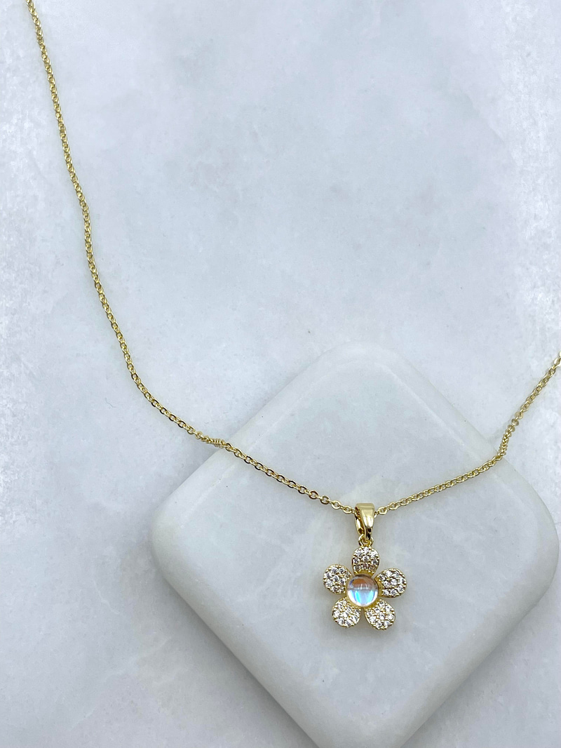 Altın Kaplama Opal Taşlı Minimal Çiçek Kolye 45 cm Gold