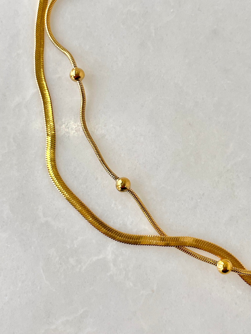 Çelik Topçuklu ve İtalyan Çift Sıra Kolye Gold