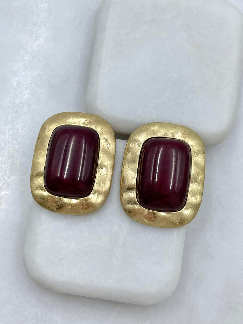 Altın Kaplama Gold Plaka Dikdörtgen Vintage Küpe Bordo
