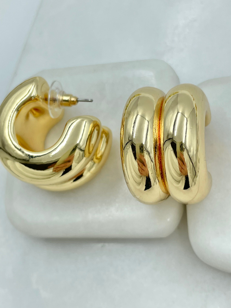 Altın Kaplama Bombeli İkili C Model Küpe Gold