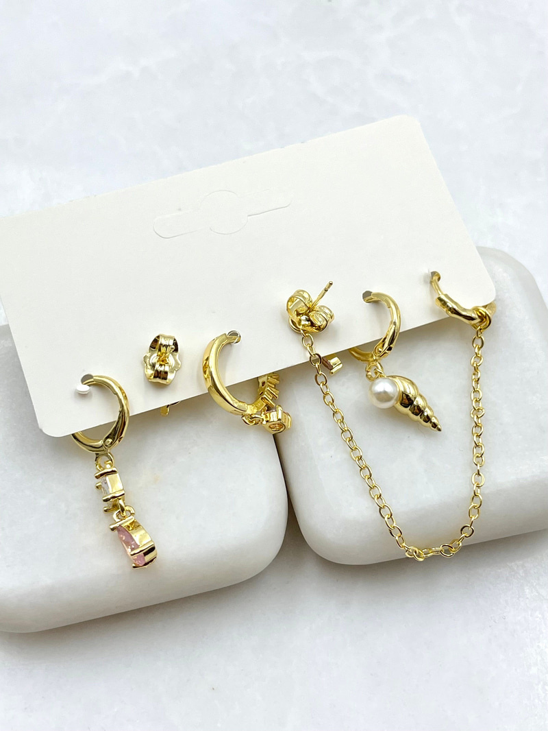 İncili ve Pembe Kristal Taşlı Altılı Set Küpe Gold