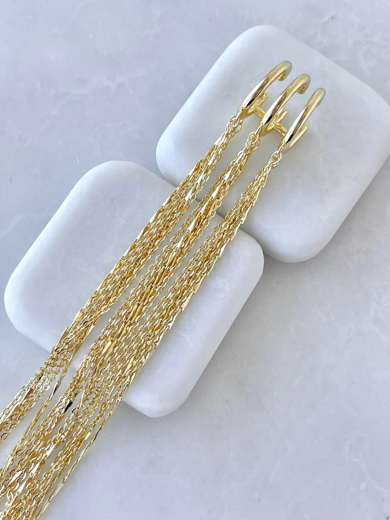 Altın Kaplama Üç Sıra Uzun Zincir Sallantılı Kıkırdak Küpe Gold