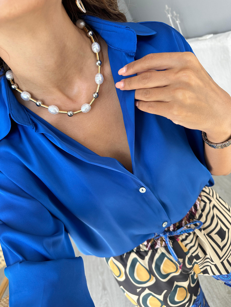 İncili Gold Detaylı Boru Boncuk Kolye