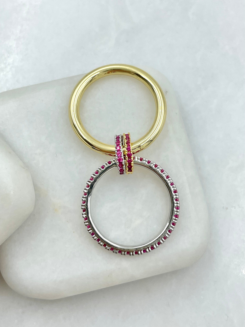 Renkli Gömme Taşlı İkili Halka Yüzük Pembe