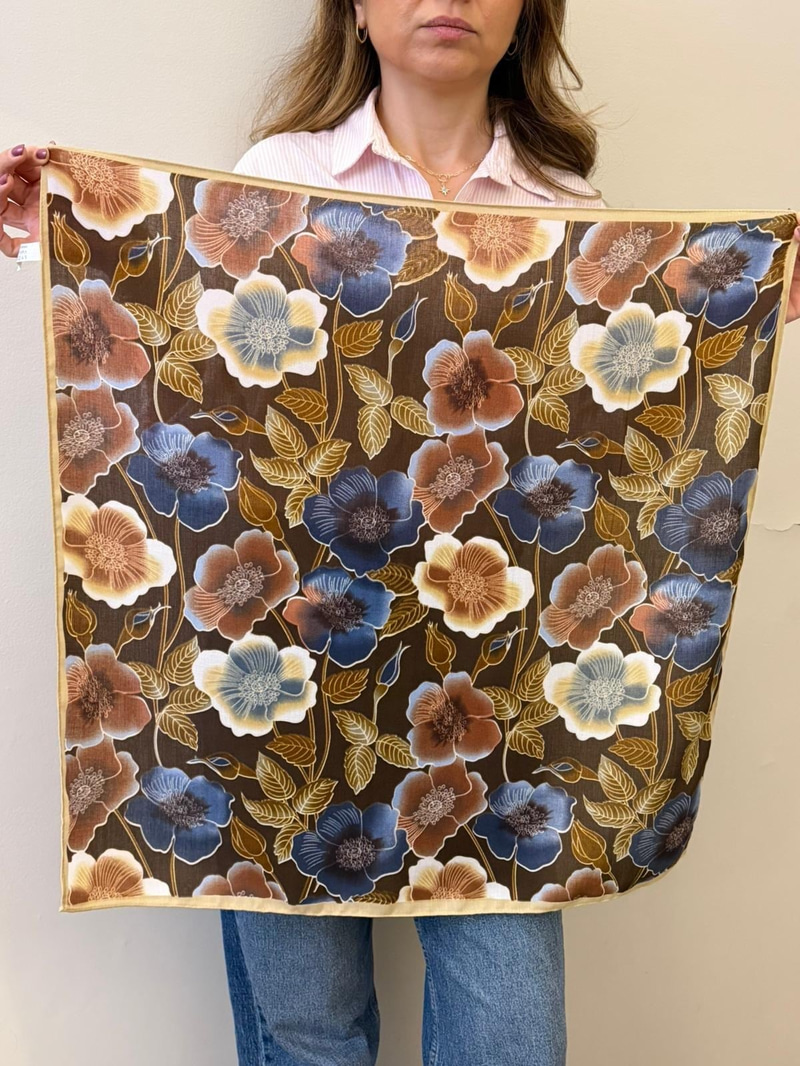Şakayık Desenli Pamuk Dokulu Şal Kahve 65 x 65 cm Renkli