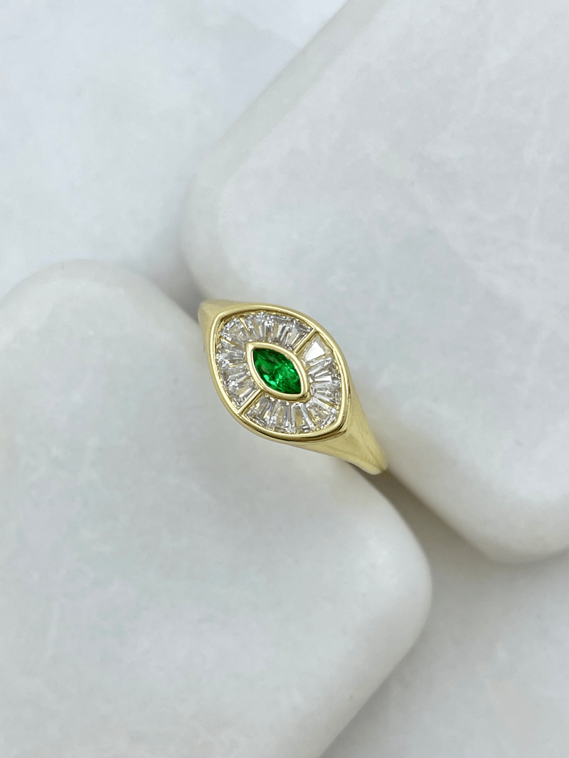 Altın Kaplama Yeşil Kristal ve Baget Taşlı Yüzük Gold