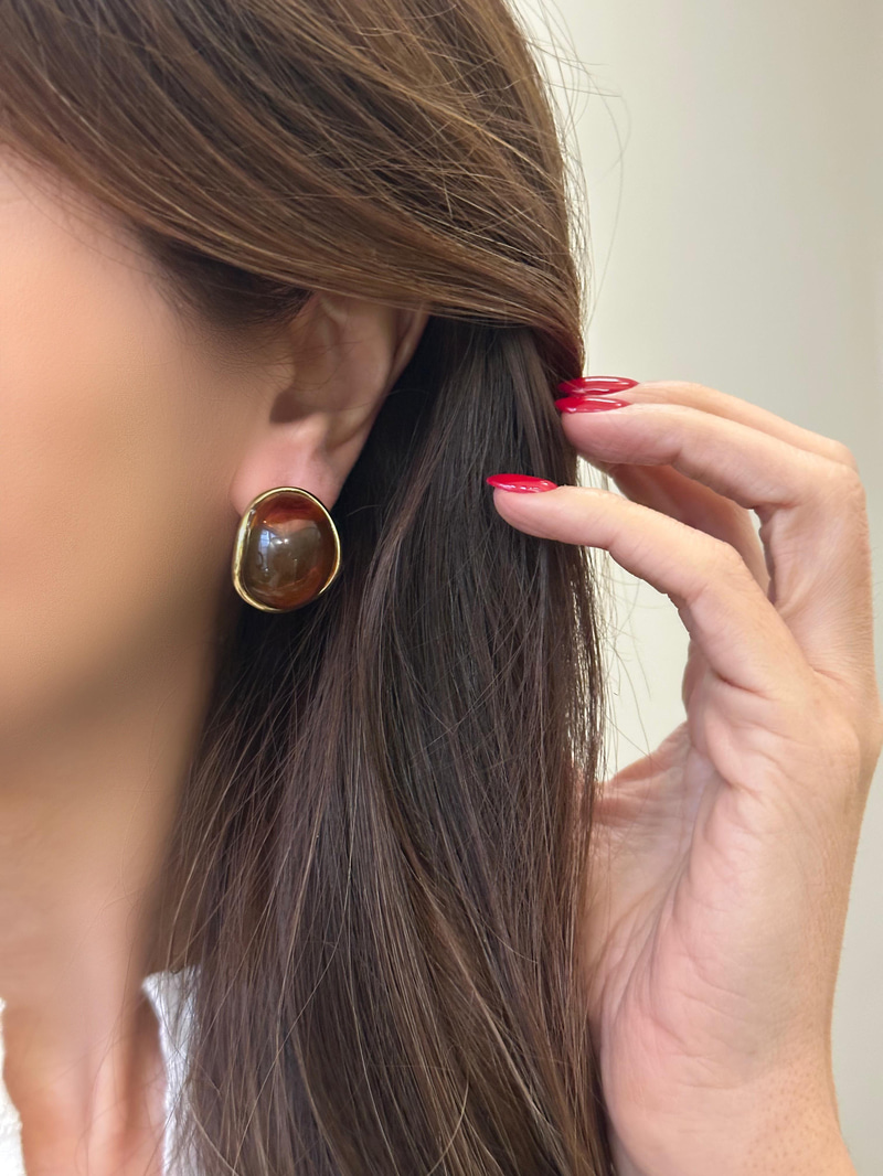 Altın Kaplama Gold Detaylı Oval Kehribar Küpe Gold