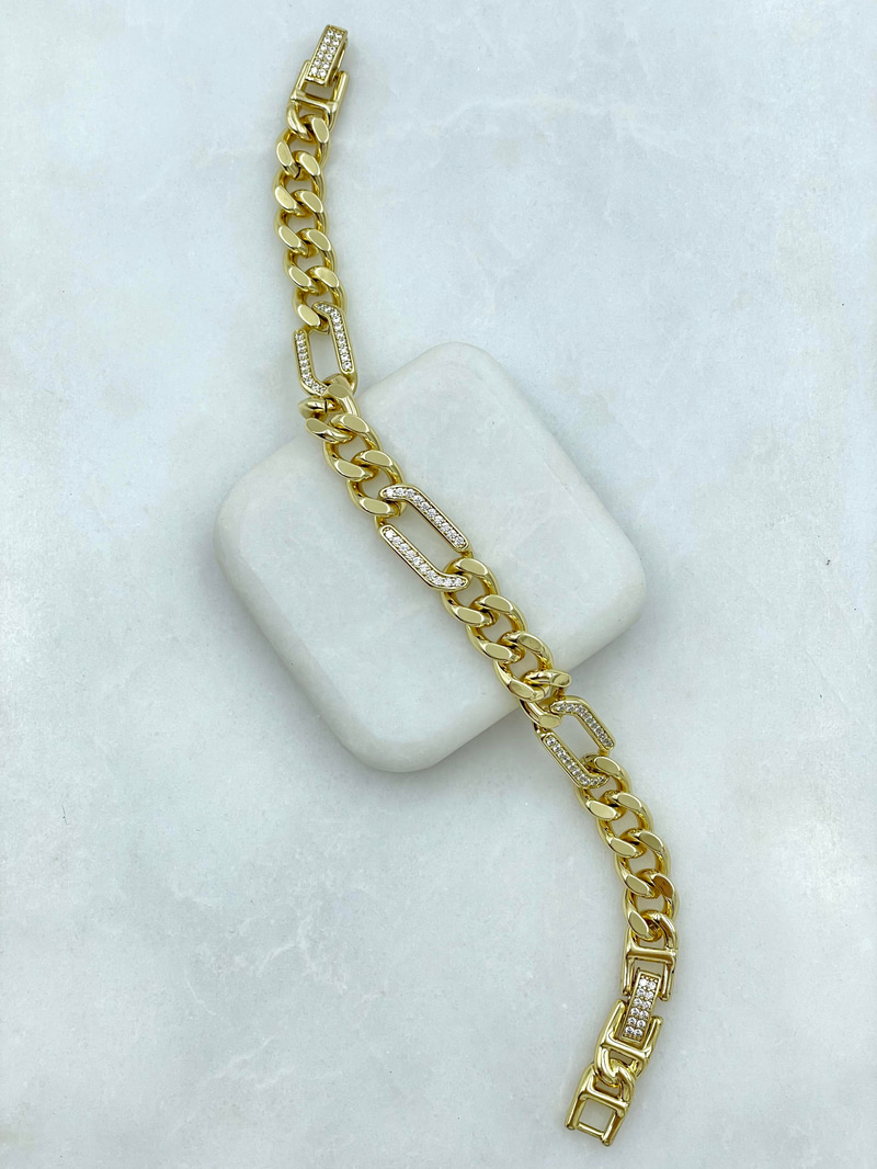 Özel Seri Zirkon Taşlı Ezme Zincir Model Bileklik Gold