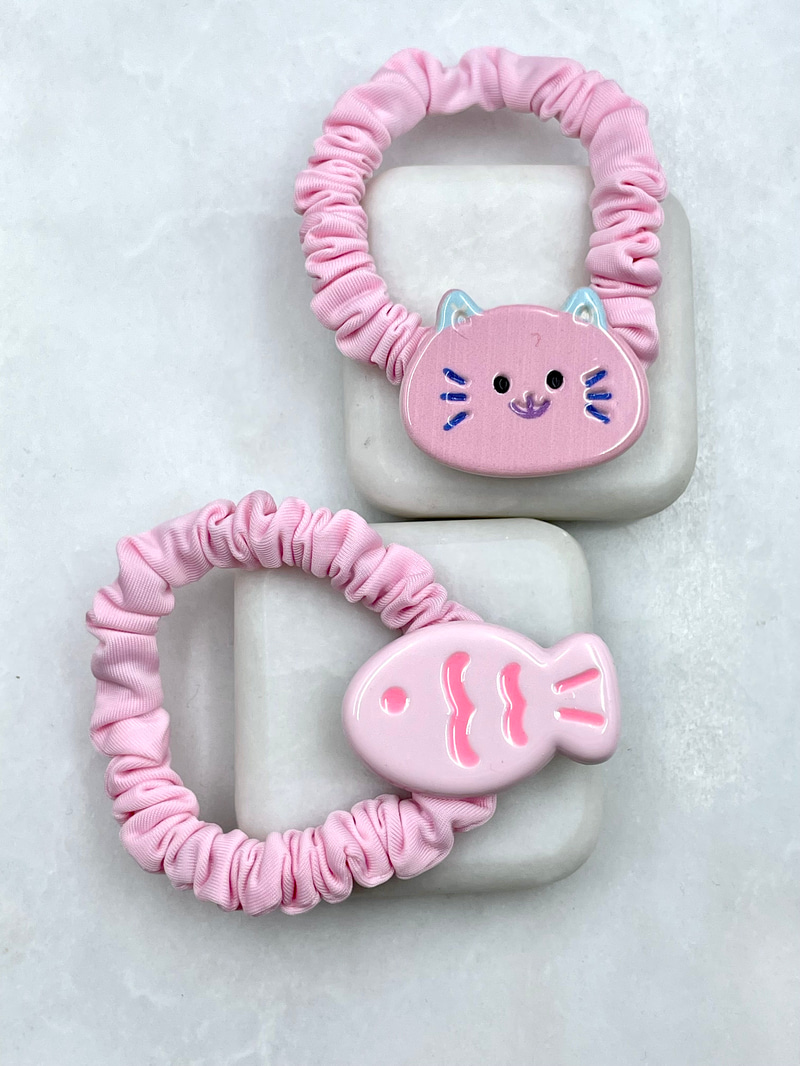 Kedi ve Balık İkili Scrunchie Toka Pembe