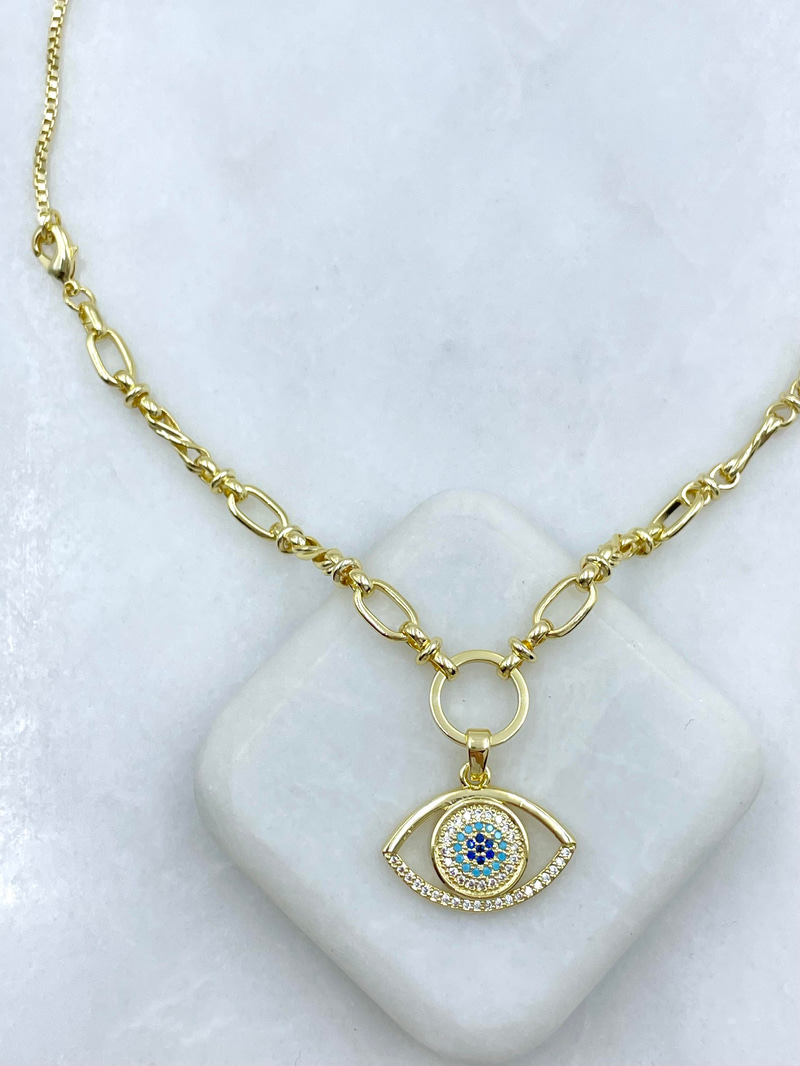 Altın Kaplama Gömme Taşlı Göz Model Asansörlü Kolye Gold