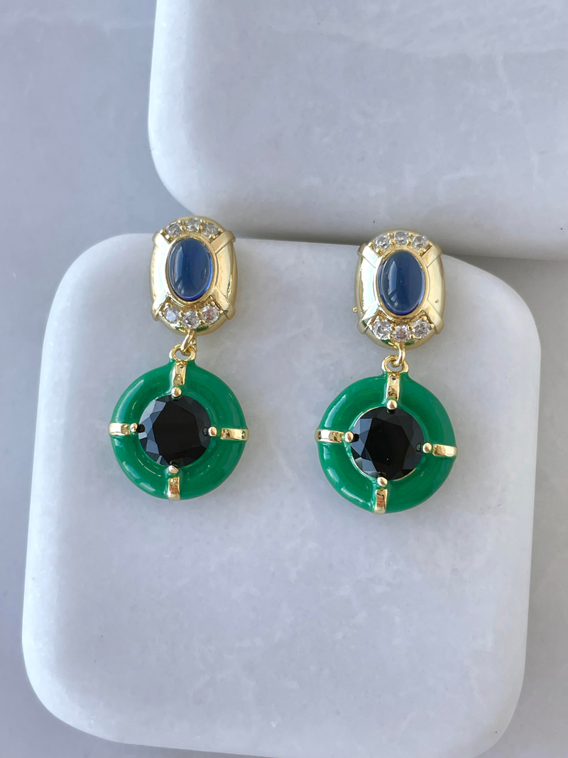 Altın Kaplama Gold Detaylı Renkli Opal Taşlı Küpe Gold