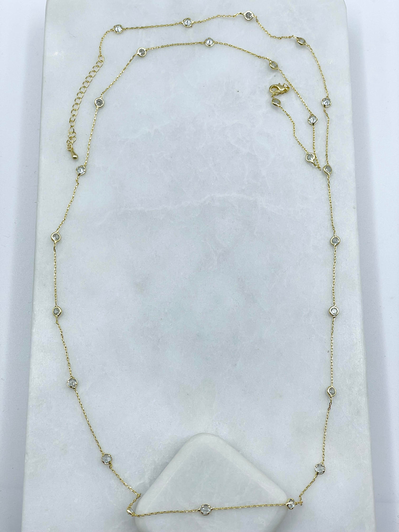 Altın Kaplama Kristal Taşlı Zincir Kolye 90 cm Gold