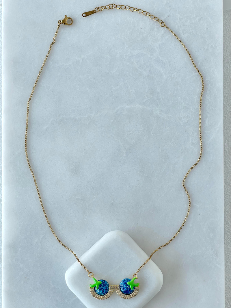 Altın Kaplama Işıltılı Mineli Gözlük Kolye Yeşil Gold