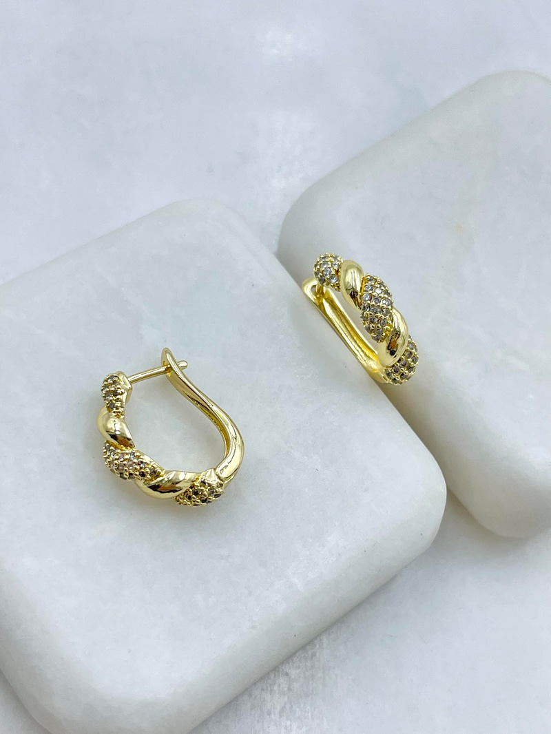Altın Kaplama Gömme Taşlı ve Düz Model Burgu Küpe Gold