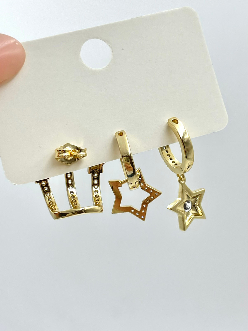Özel Seri Üçlü Yıldız Charmlı Set Küpe Gold