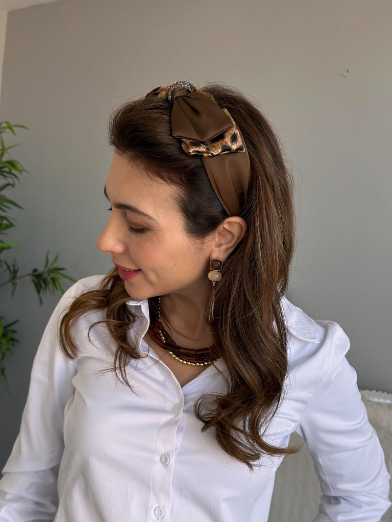 Leopar Desenli Saten Fiyonk Bandana Taç Kahve