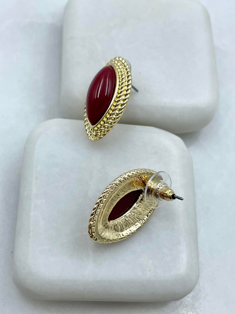 Altın Kaplama Çift Sıra Gold Burgu Detaylı Küçük Vintage Küpe Bordo