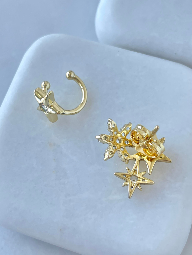 Özel Seri Gömme Taşlı Yıldız Model Kıkırdak ve Küpe Gold