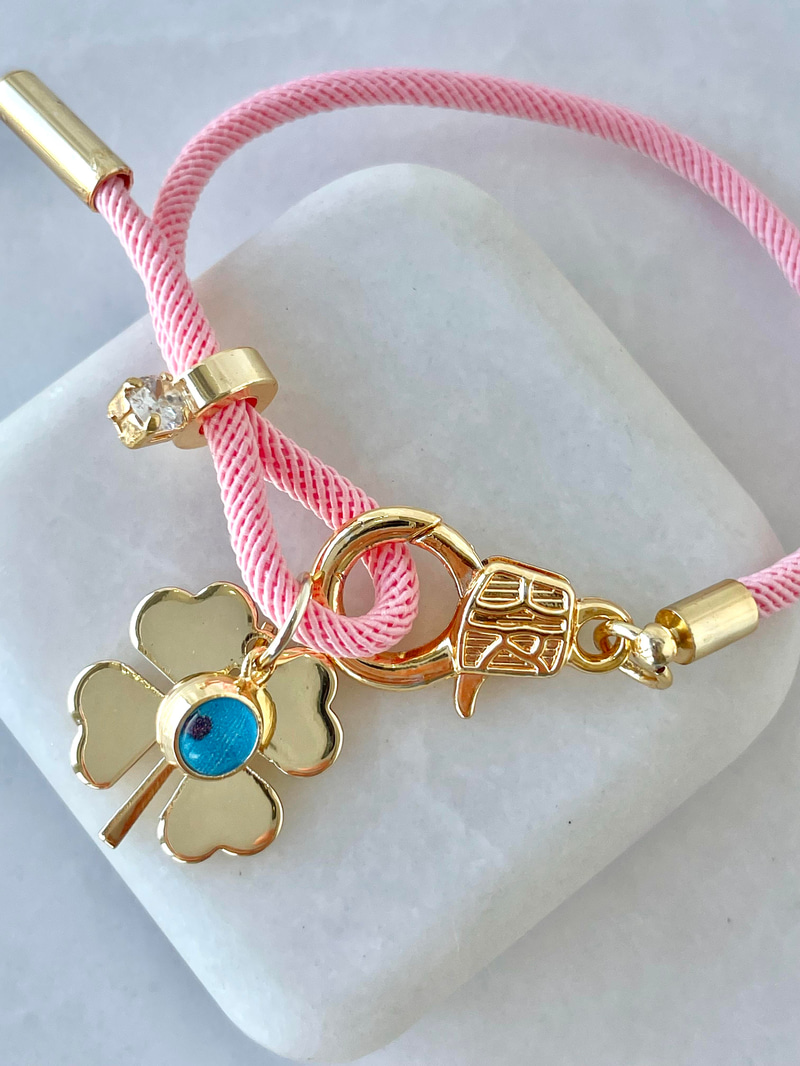 Altın Kaplama Taşlı Nazar Boncuklu Yonca Bileklik Pembe