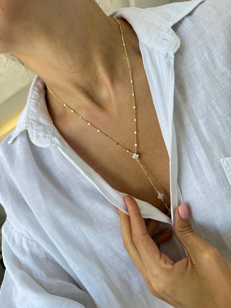 Altın Kaplama Kristal Çiçek ve Pul Zincir Y Model Kolye Gold