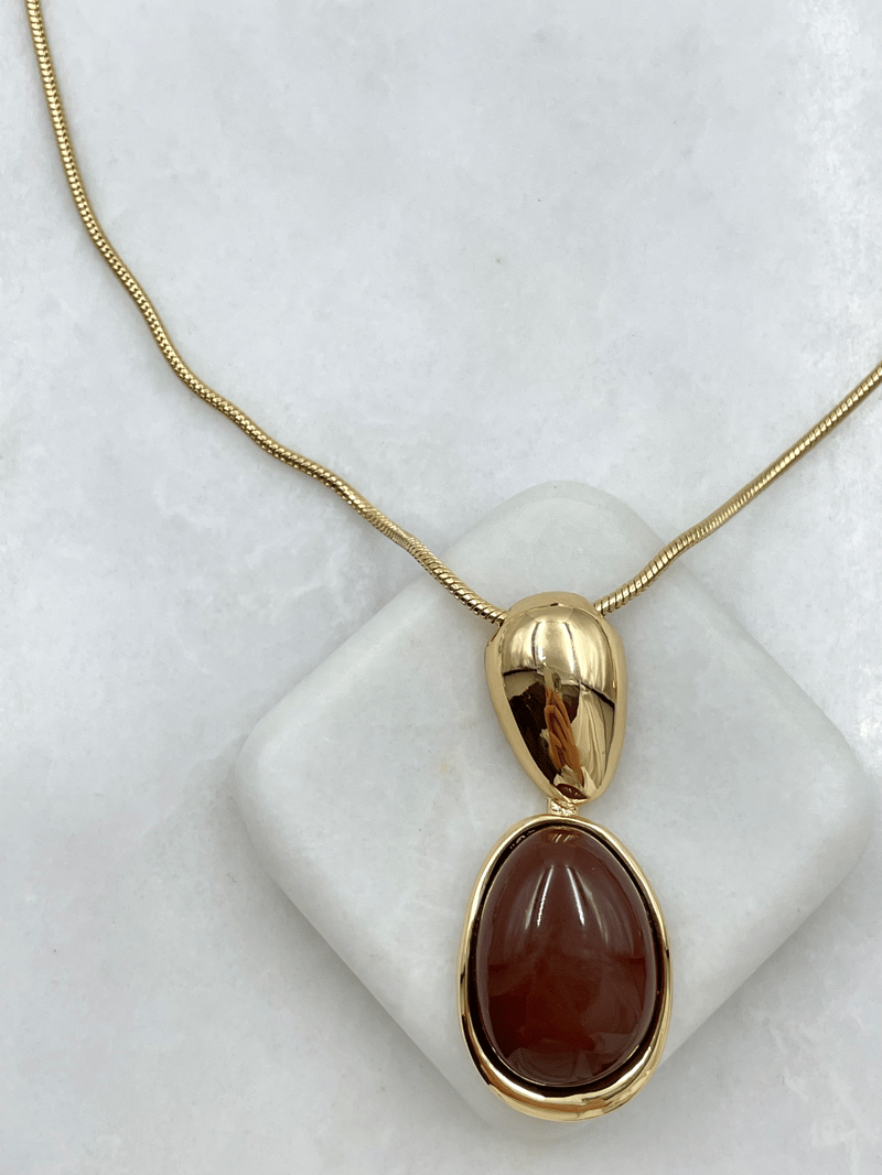 Altın Kaplama Gold Detaylı Oval Taş Model Asansör Kolye Kahve