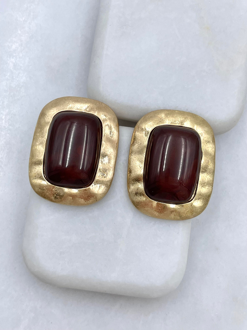 Altın Kaplama Gold Plaka Dikdörtgen Vintage Küpe Kahve