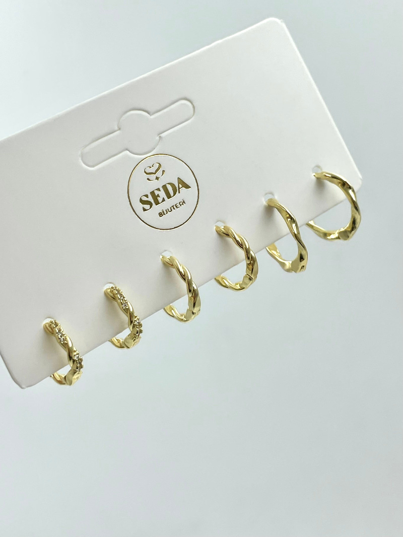 İnce Burgu Model Altılı Set Küpe Gold