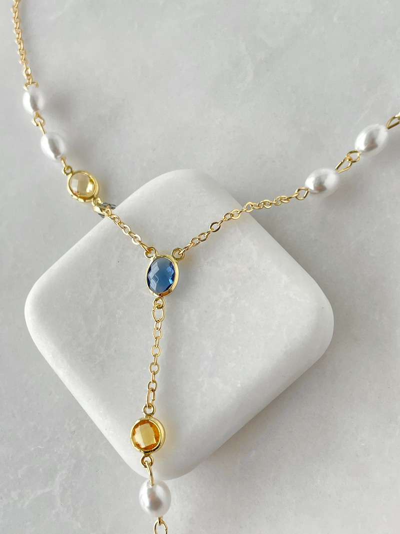 Altın Kaplama Renkli Kristal Taş ve İncili Y Model Kolye Gold