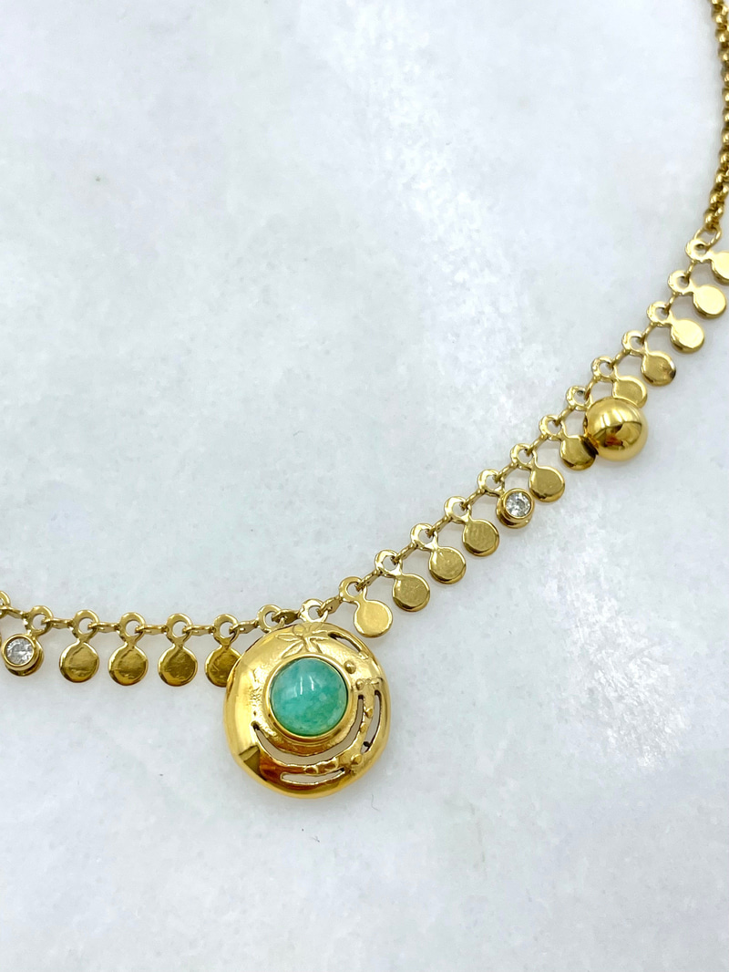 Turkuaz Doğal Taşlı Plaka Sallantılı Vintage Kolye Gold