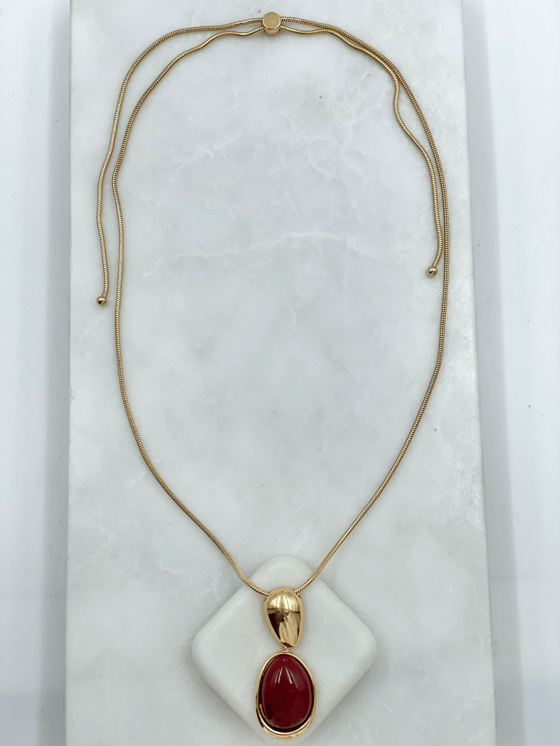 Altın Kaplama Gold Detaylı Oval Taş Model Asansör Kolye Bordo