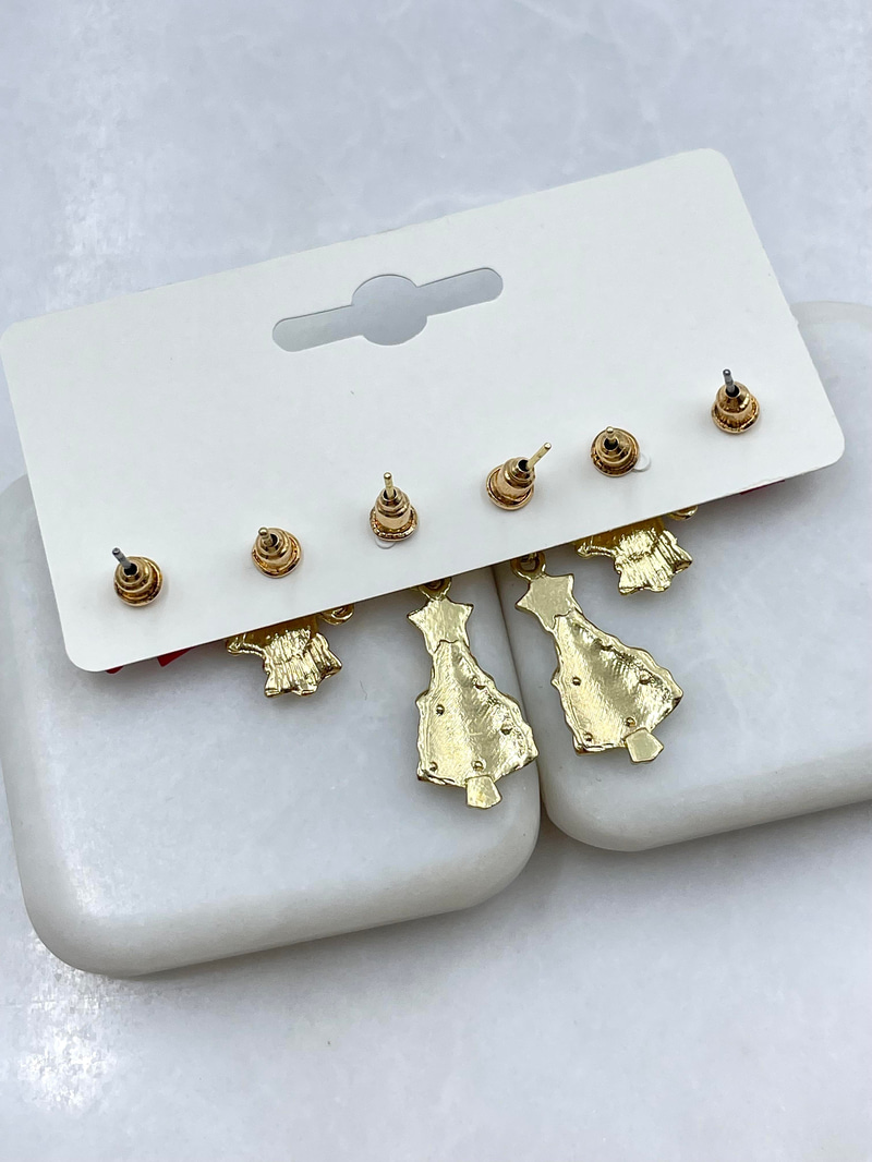 Altın Kaplama Altılı Fiyonk ve Yılbaşı Ağacı Küpe Seti Gold