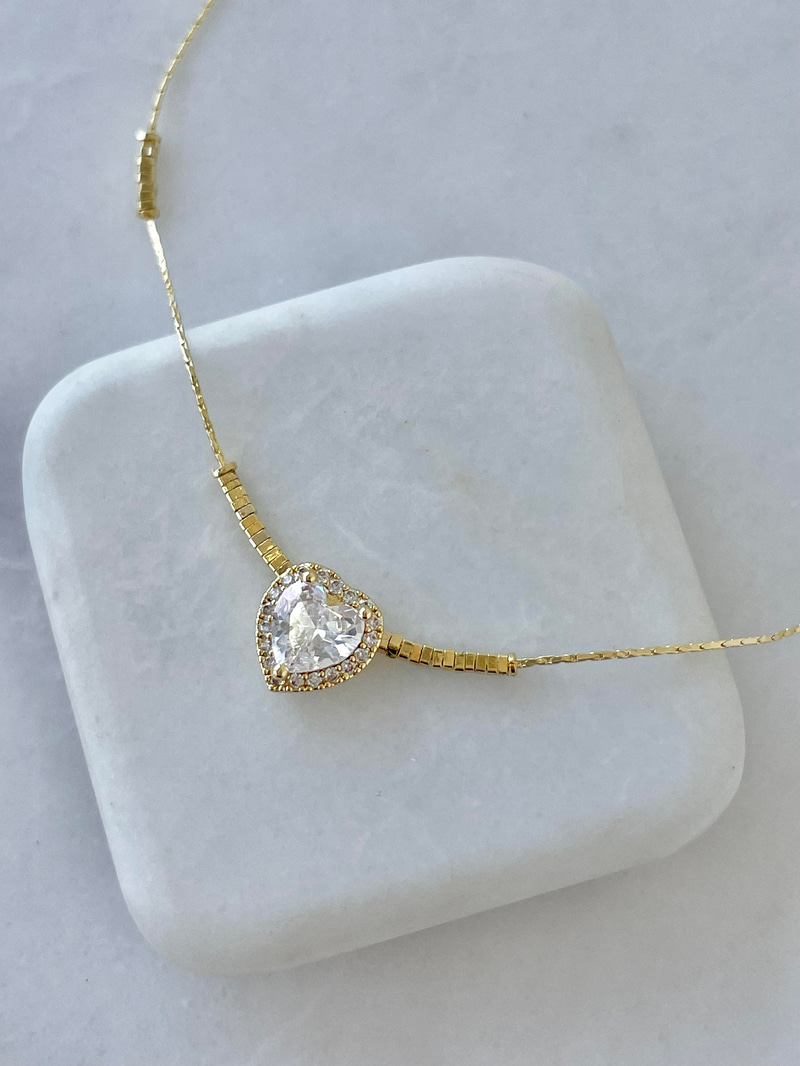 Altın Kaplama Minik Küp Zincir Kristal Kalp Kolye Gold