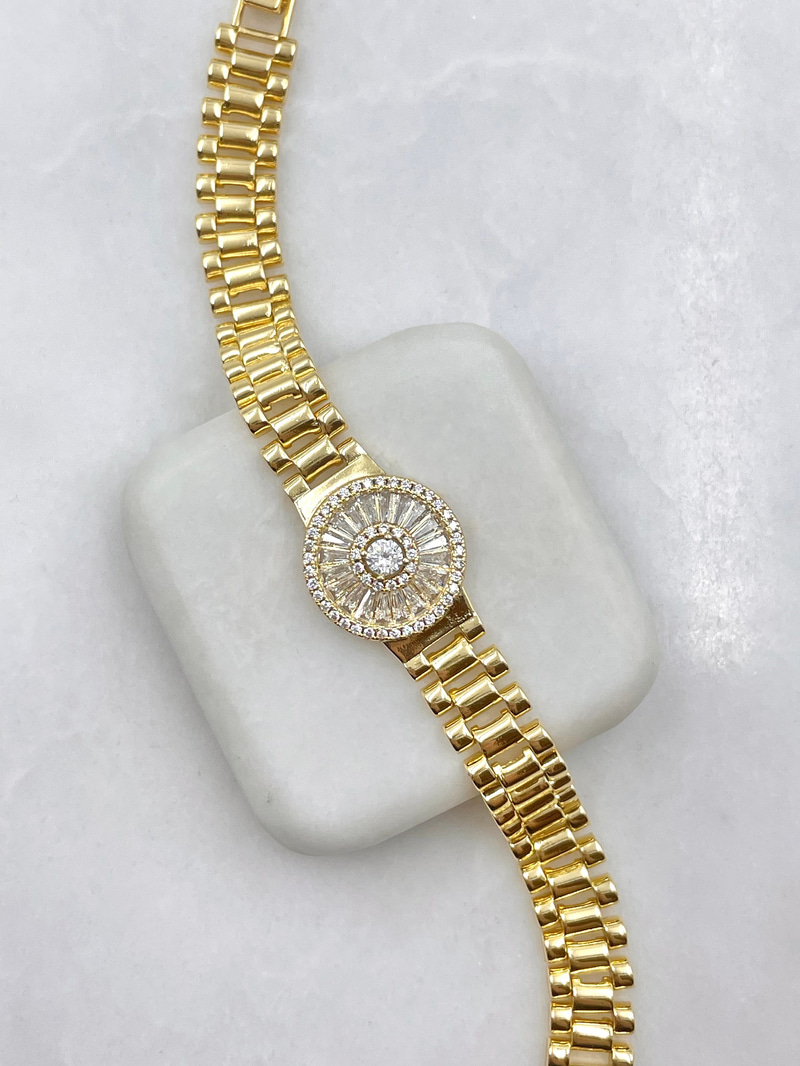 Baget Daire Taşlı Kordon Model Bileklik Gold