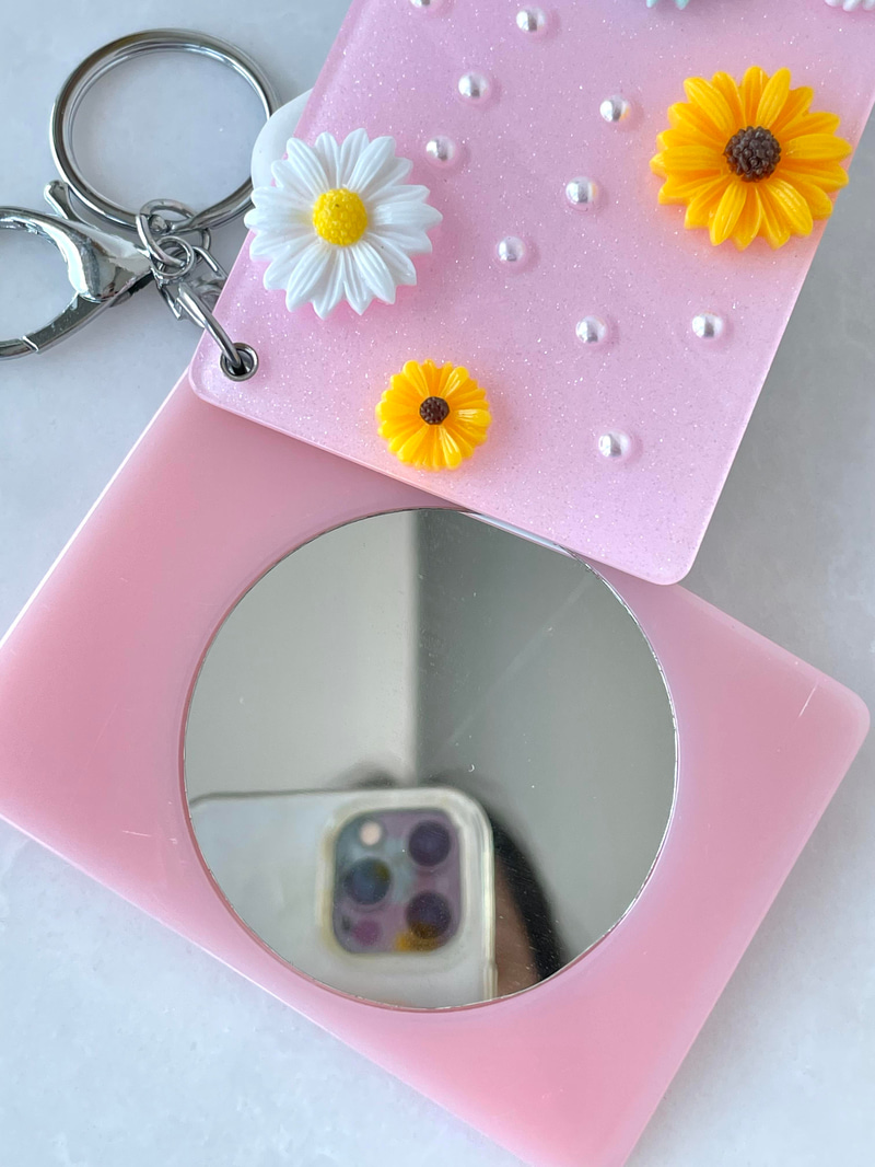 Çiçekli Aynalı Anahtarlık / Çanta Aksesuarı Pembe