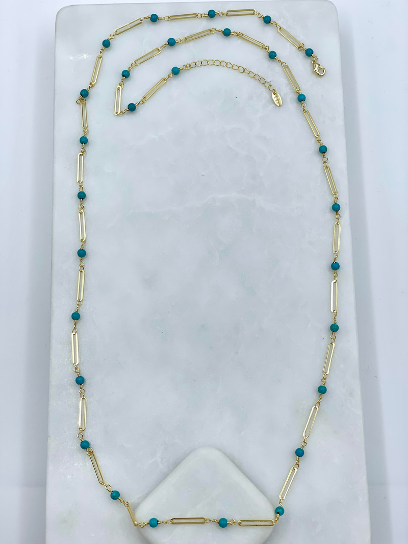 Altın Kaplama Mavi Boncuklu Zincir Kolye 90 cm Gold