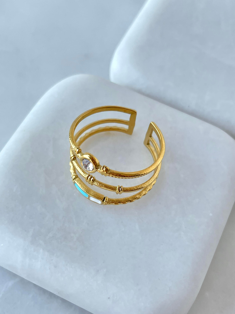 Çelik Mavi Mineli Üç Sıra Yüzük Gold