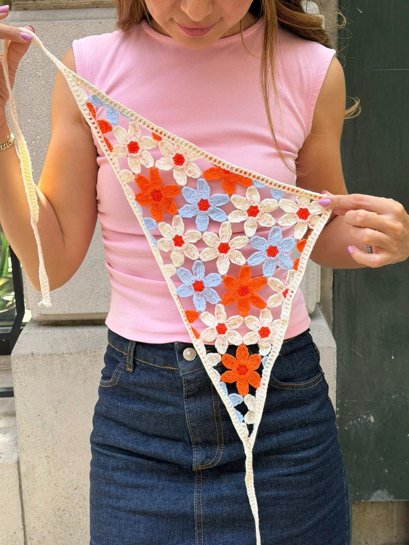 Papatya Motifli Örgü Bandana Turuncu