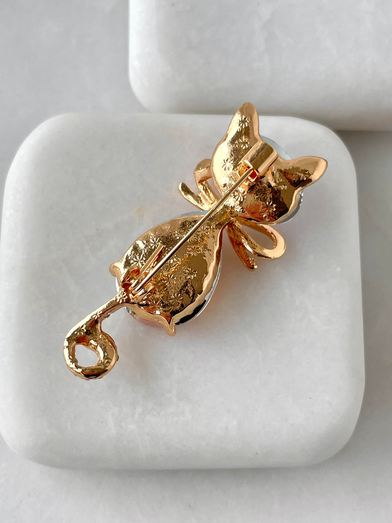 Renkli Kristal Taşlı Kedi Broş Gold