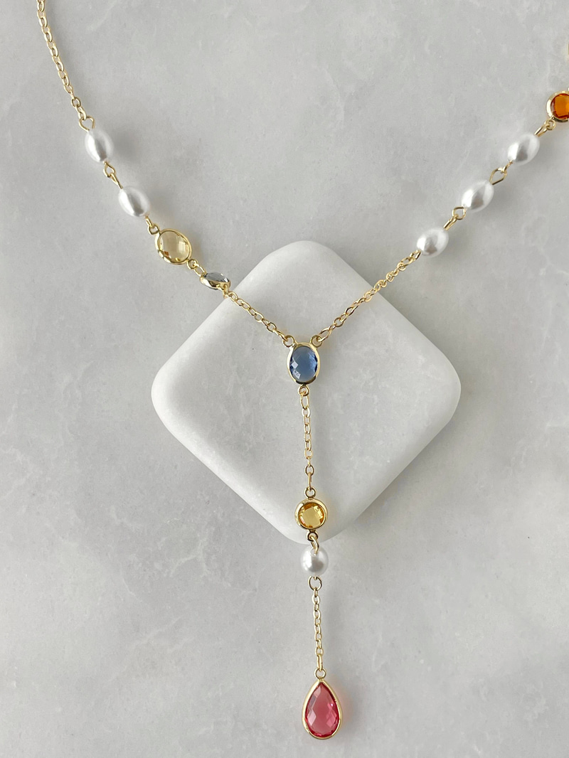 Altın Kaplama Renkli Kristal Taş ve İncili Y Model Kolye Gold