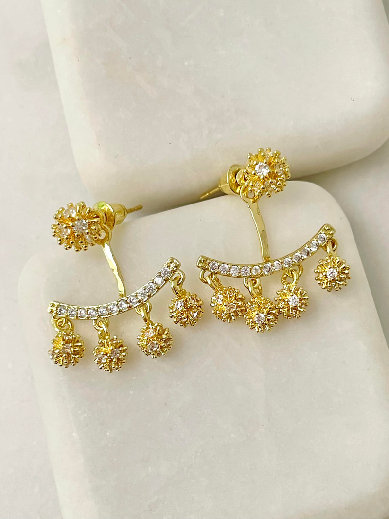 Altın Kaplama Kristal Taşlı Tasarım İkili Kullanım Küpe Gold