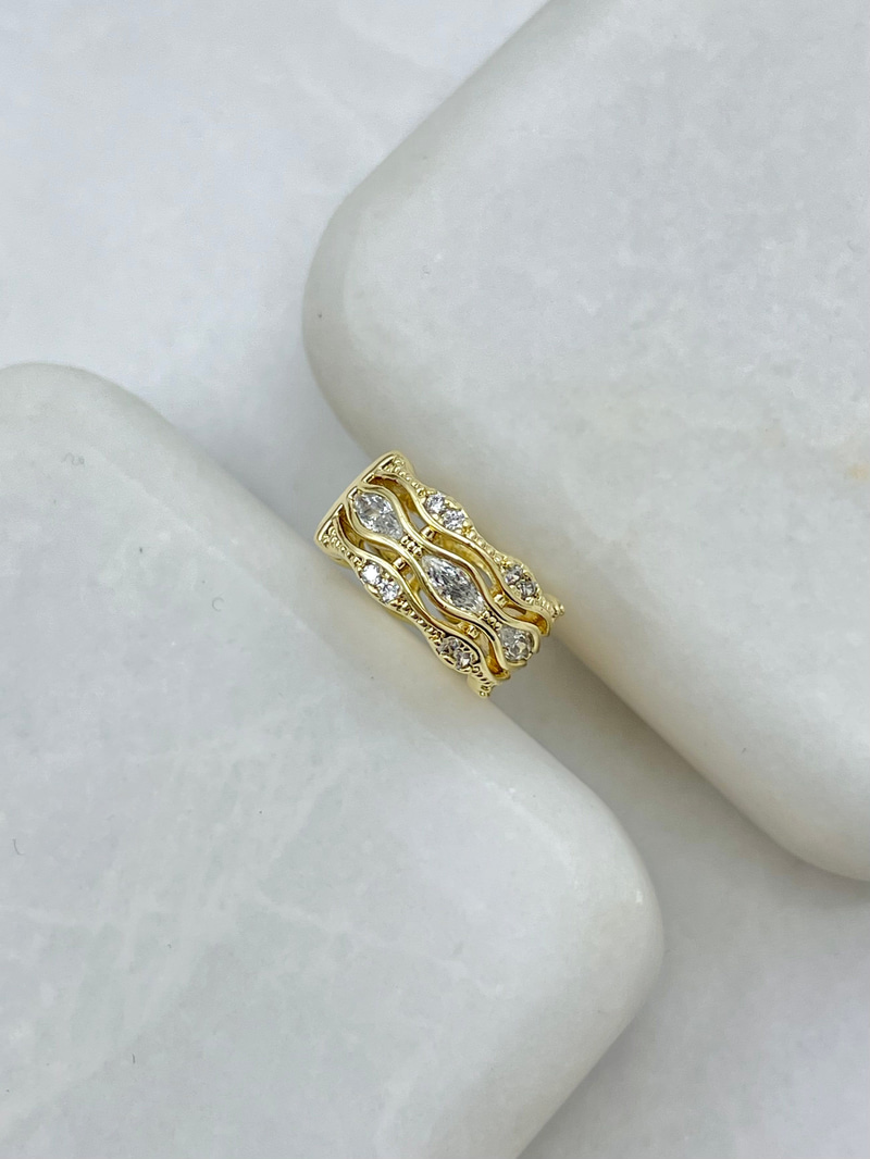 Özel Seri Kristal Taşlı Dalga Model Üç Sıra Kıkırdak Küpe Gold
