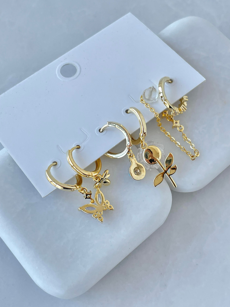 Özel Seri Altılı Kelebek ve Gül Model Küpe Gold