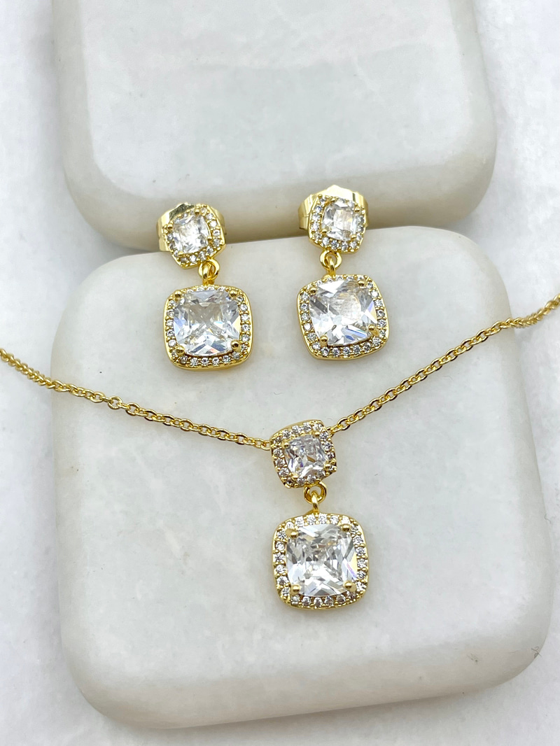 Özel Seri Büyük Küçük Kristal Kare Kolye ve Küpe Seti Gold