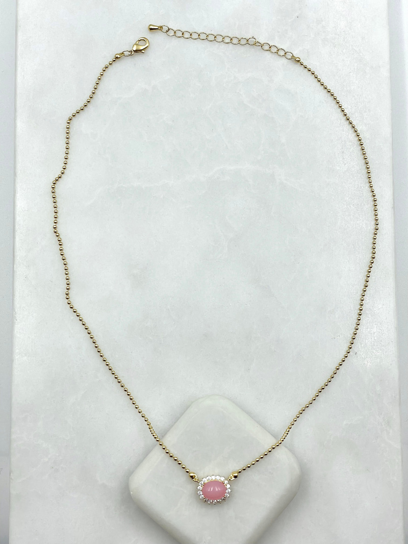 Pembe Opal Taşlı Topçuk Zincir Kolye Gold