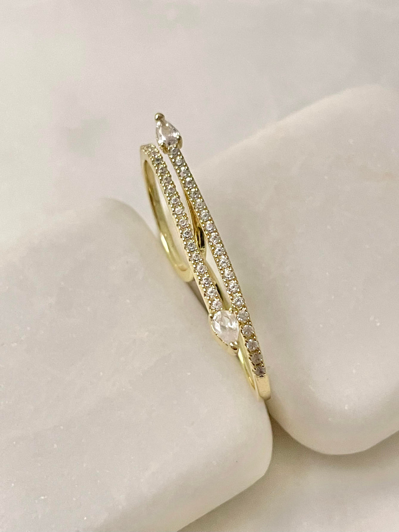 Altın Kaplama Kristal Taşlı Tasarım İkiz Yüzük Gold